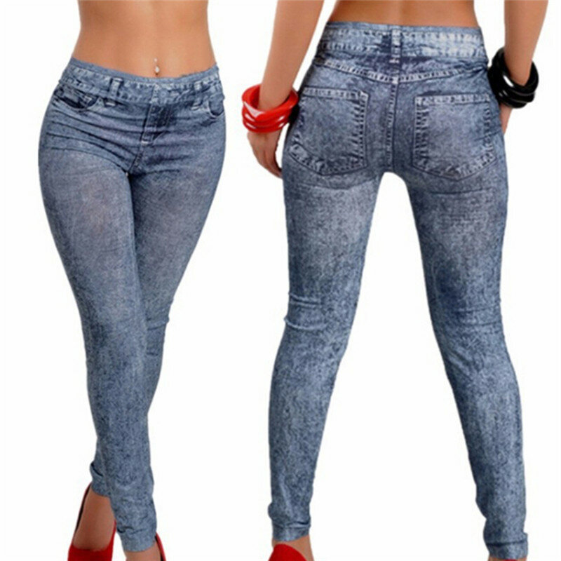 Neue Frauen Leggings Jeans Jeans Hose mit Tasche schlanke Leggings Frauen Fitness blau schwarz Leggins