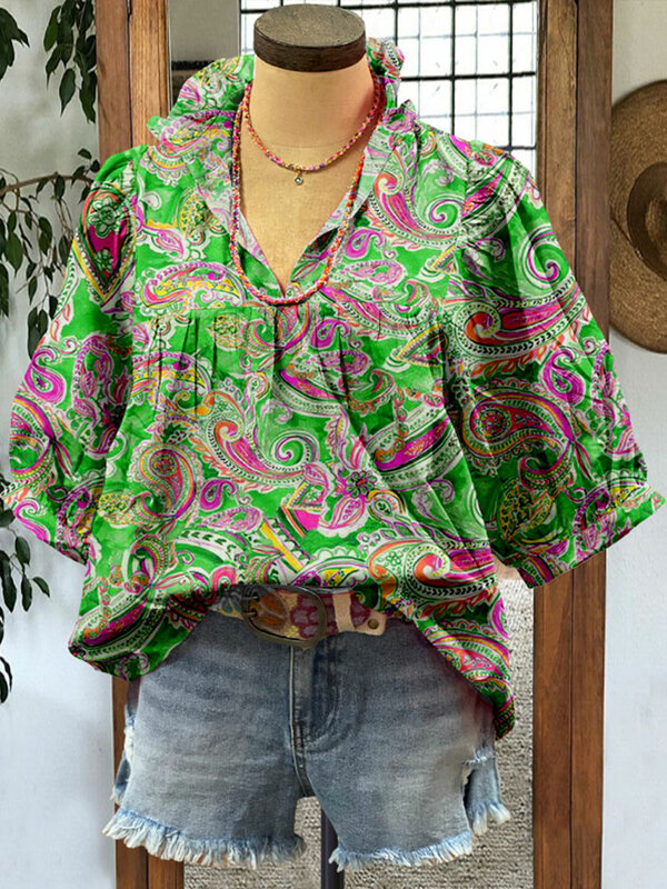 Puff Sleeve Contrasting Graphic Print Top Multicolor Floral Print Short Sleeve Blouse