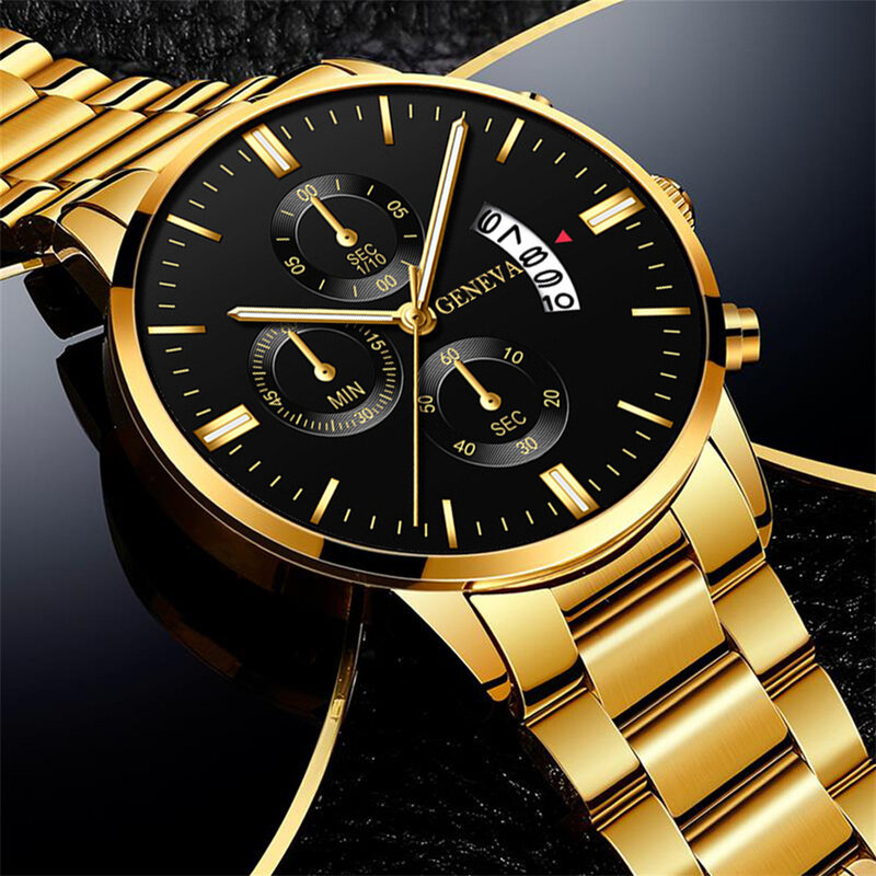 Relógio de pulso em aço inoxidável masculino, cor dourada, luxo, calendário, relógios de negócios para homem, moda casual