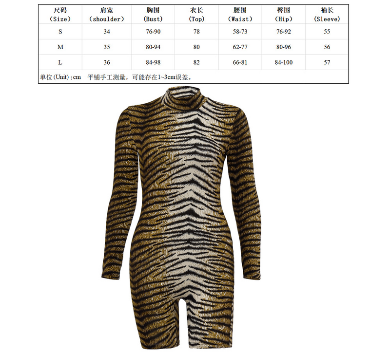 Macacão feminino casual de gola alta, bodysuit apertado de manga comprida, padrão tigre ou leopardo, personalidade