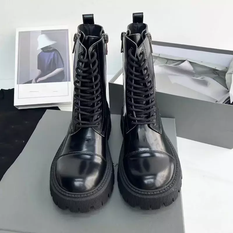 Altura crescente plataforma cunha sapatos com bolsa de nylon, botas de combate tornozelo, designer de luxo, botas de motocicleta, moda masculina, 2023