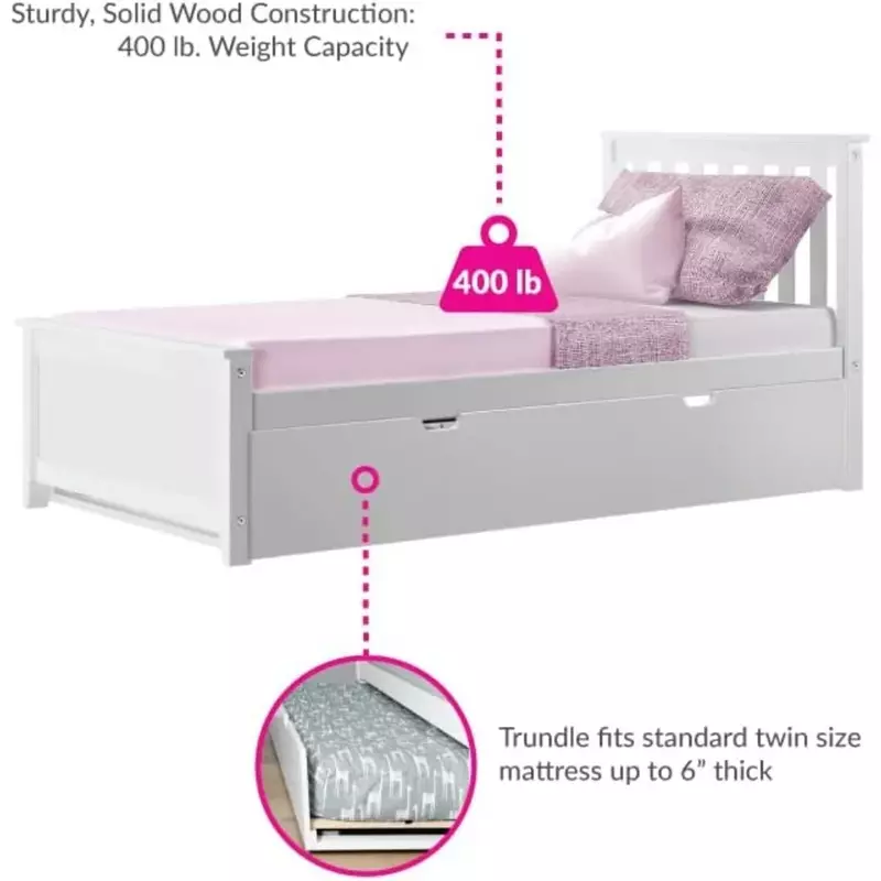 Twin Bed, Wood Bed Frame with Headboard For Kids with Trundle, Slatted, White