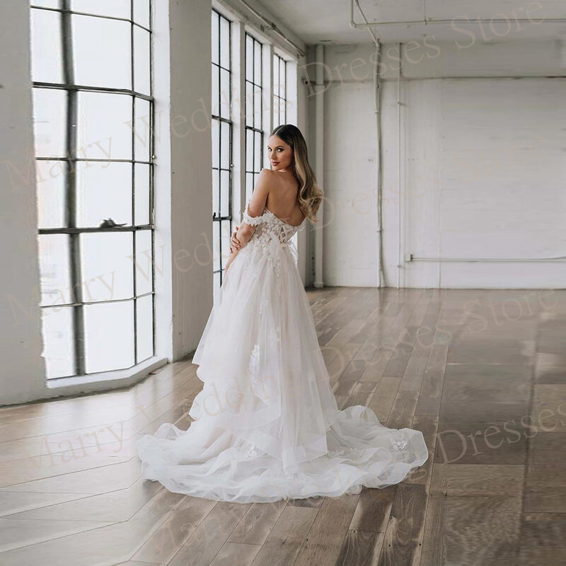 Exquisite eine Linie Schatz Brautkleider Applikationen Spitze von der Schulter rücken freie Brautkleider Illusion Vestidos Novias Boda