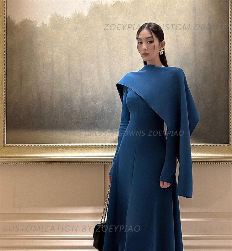 Mulheres Linha A de mangas completas com fenda lateral personalizada Vestidos de noite, Elegante, Simples, Azul marinho, O-Gola, Dubai, Coréia, Prom Party, 2022