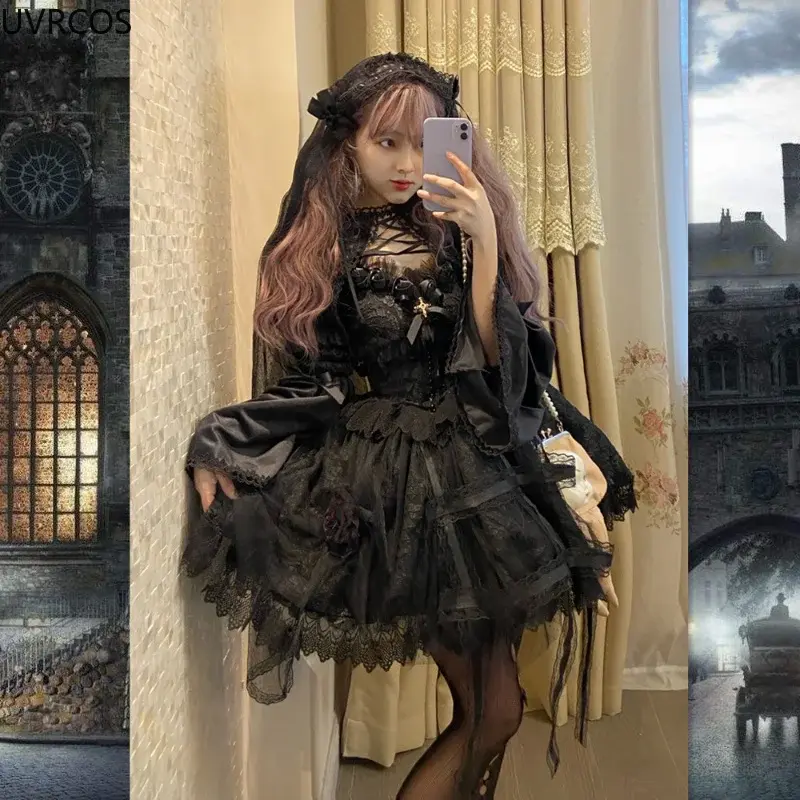Japanische viktoria nische Gothic Lolita Kleid Vintage Mädchen süße Spitze Rose elegante Prinzessin Urlaub Party Kleider Frauen dunklen Slip Kleid