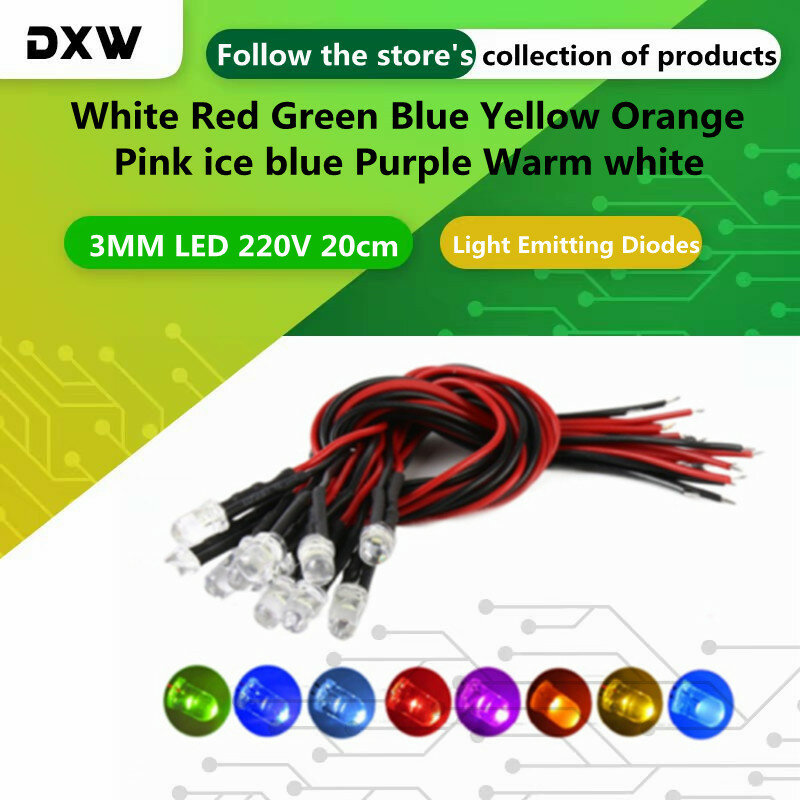 20 pces 3mm led 220v 20cm pre-prendido branco vermelho verde azul amarelo lâmpada decoração diodos emissores de luz pré-soldada