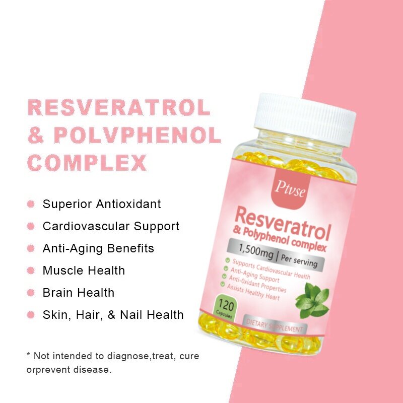 Cápsulas de Resveratrol, suplemento antioxidante, ayuda a la salud circulatoria y al bienestar general, apoya el envejecimiento saludable, suaviza la piel