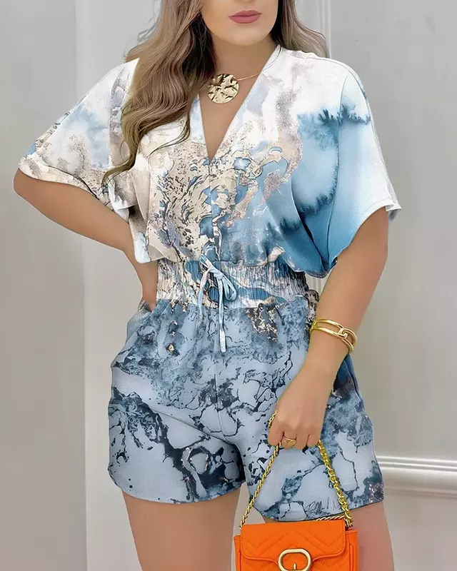 2024 Loose and Casual Womens Jumpsuit Printed V-neck Jumpsuit Short Sleeve High Waist  Playsuits Female Fashion Clothing Romper