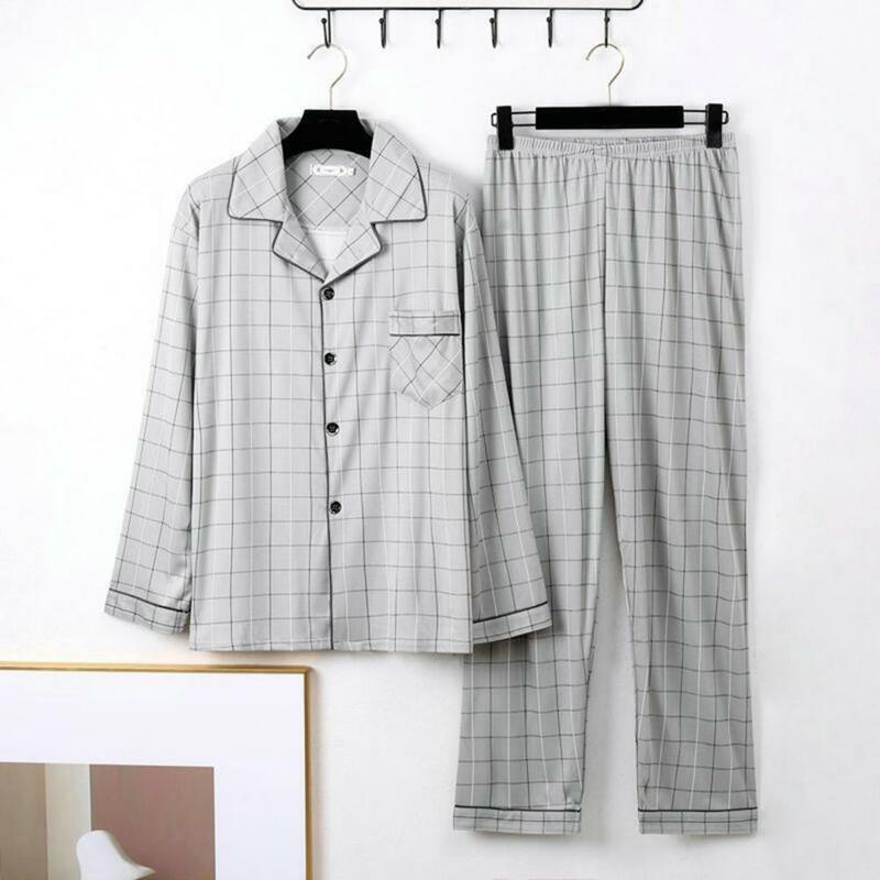 Men Pajama Set Men's Fall/winter Pajama Set with Striped Plaid Print Color Matching Lapel Single-breasted Long Sleeve Shirt Wide