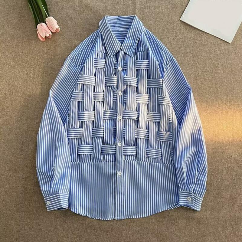Men Loose Fit Shirt Chic Hollow Out Lapel Shirt for Men Women Long Sleeve Tops with Braid Design Loose Fit Waist Spring Autumn