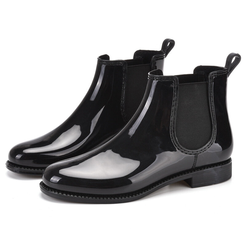Women Fashion Chelsea Rain Boots 2024 Basic Shiny Ankle Boots Waterproof Shoes with Elastic Band Non-slip Comfortable RainBoots