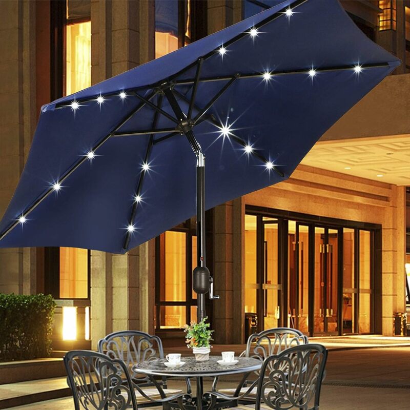 Paraguas Solar con luces LED para Patio, sombrilla de mercado de mesa con inclinación y manivela, 7,5/11 pies