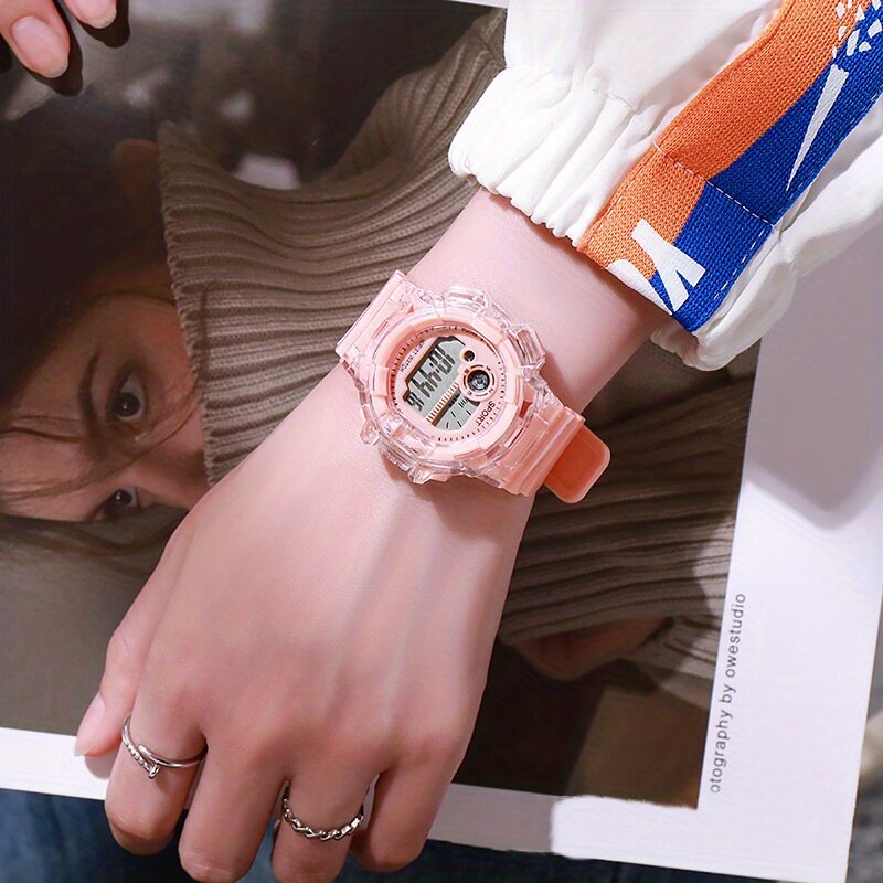 Jam tangan elektronik pelajar, arloji olahraga sederhana dan serbaguna bubuk bunga sakura perempuan