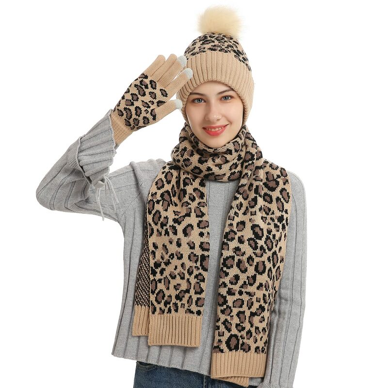 Women's Winter Keep Warm Set Fleece Lining Beanie Telefingers Gloves Thicken Scarf Knitted Muffler Hat Leopard Neckerchief