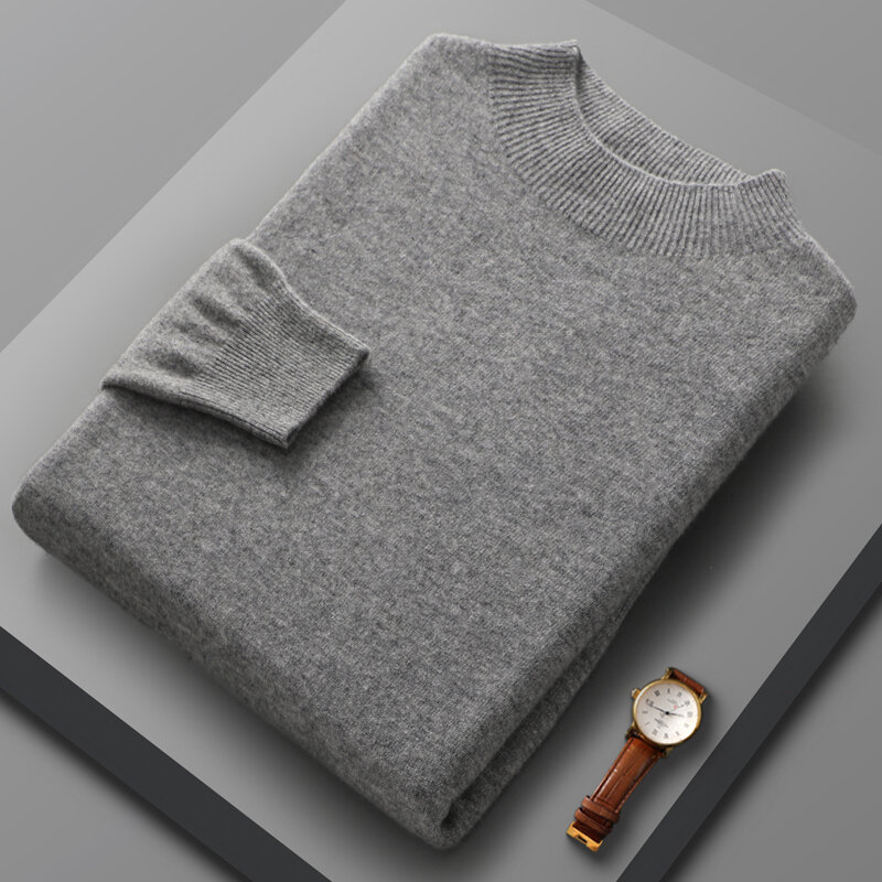 Suéter de lana 100% pura para hombre, jersey básico de punto de manga larga con cuello alto, Color sólido, Top informal a la moda