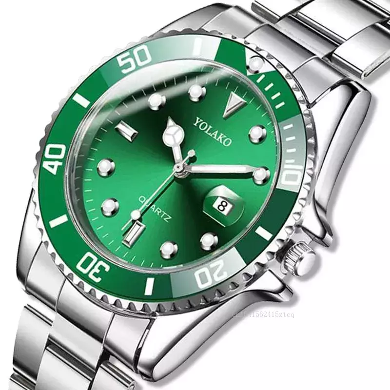 Reloj de pulsera de acero inoxidable para hombre, pulsera de cuarzo con calendario, color verde, venta al por mayor, 2023