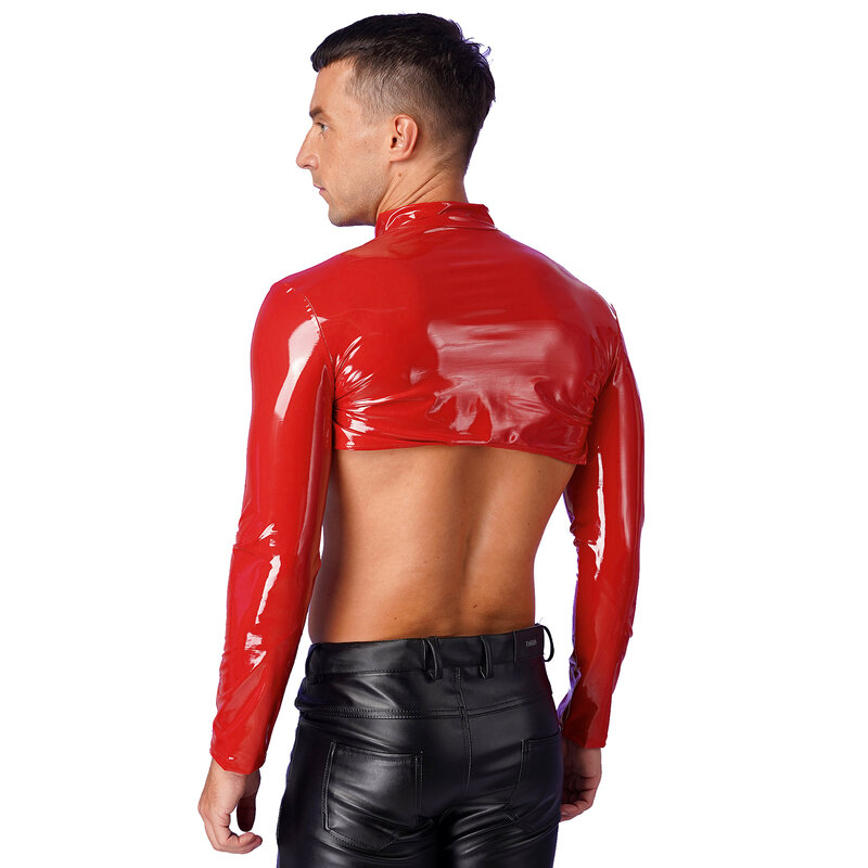 Mens Front Zipper Patent Leather Crop Top Weet look Stand Collar Long Sleeve Arm Sleeve Shrug Slim Top Showing Muscle Clubwear