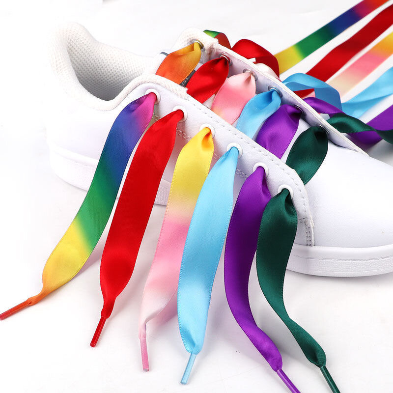 1 Pair Width 2cm Satin Silk Ribbon Shoelaces Rainbow Color Flat Laces For Sneaker Sport Casual Leather Shoes Strings