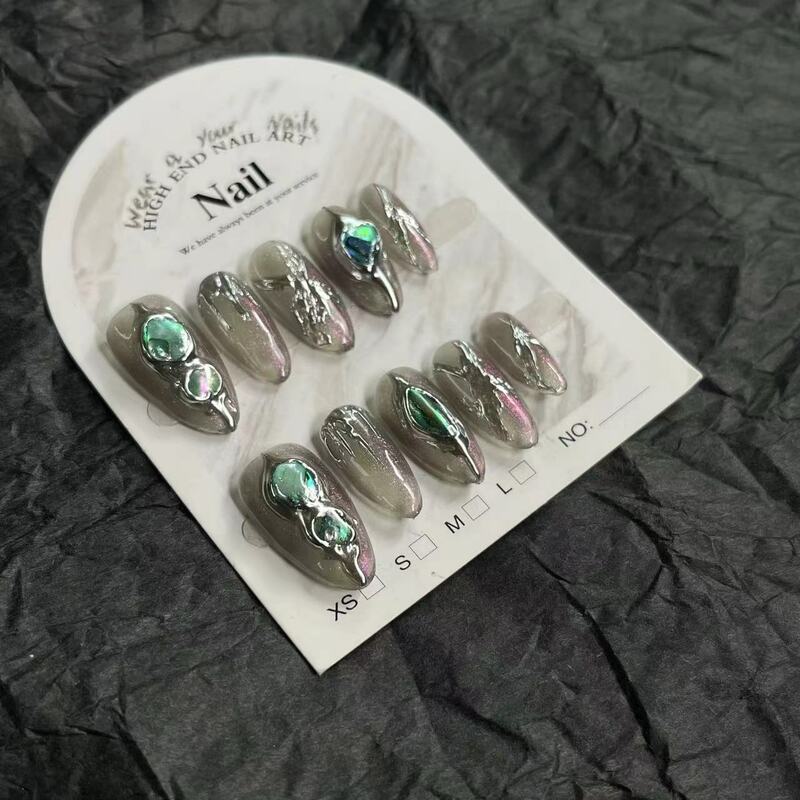10Pcs Baroque Aurora Almond Wearable Style Metal Hand Made Press On Nails Explosive 3D Luxury Reusable Advanced Sense Fake Nails
