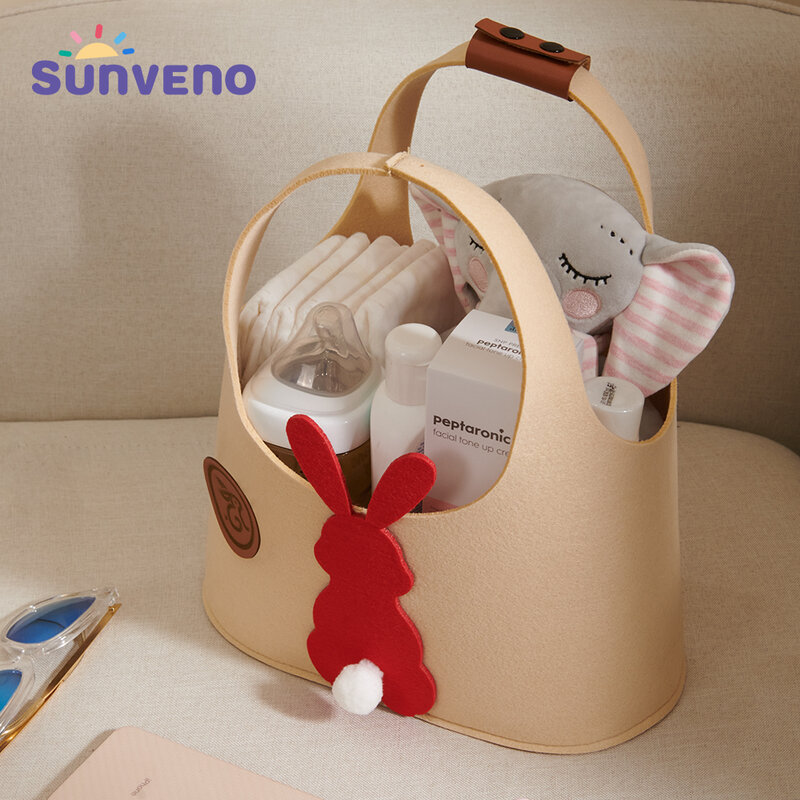 Sunveno-Bolsa de pañales de fieltro festiva con Adorable conejito de Navidad rojo, elegante y práctico organizador de artículos esenciales para bebé