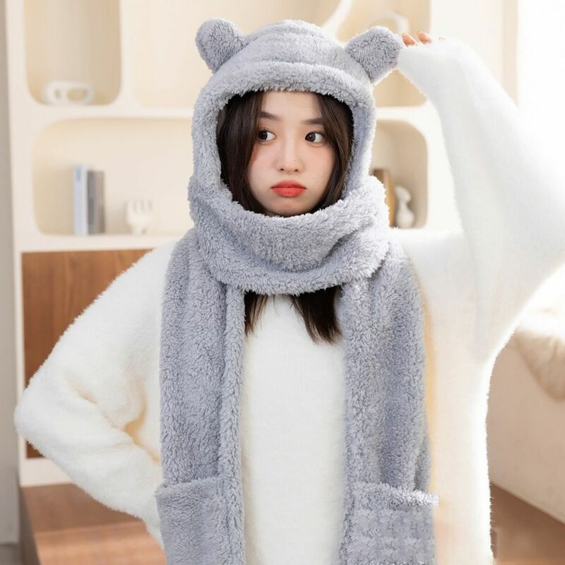 Hat Scarf Gloves One Piece Bear Ear Hat Scarf Soft Fleece Ear Protector Hat Scarf Gloves Set Double Layer Thickened
