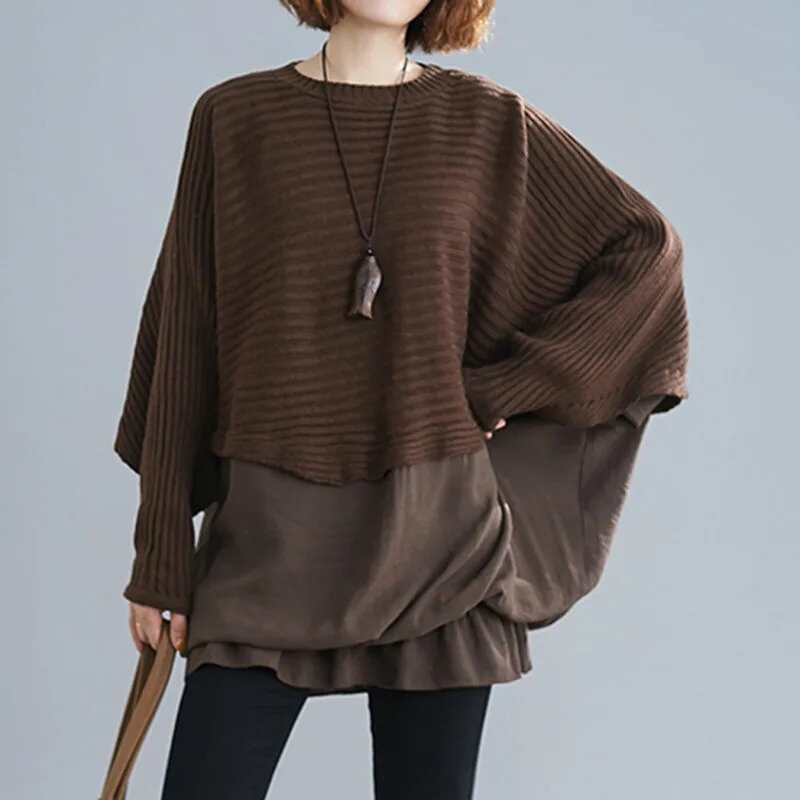 Women's Large Knitted Pullover Fashion Casual Bat Sleeves 2023 Autumn and Winter Loose Stitching Pullover Bat Solid Shirt Tops