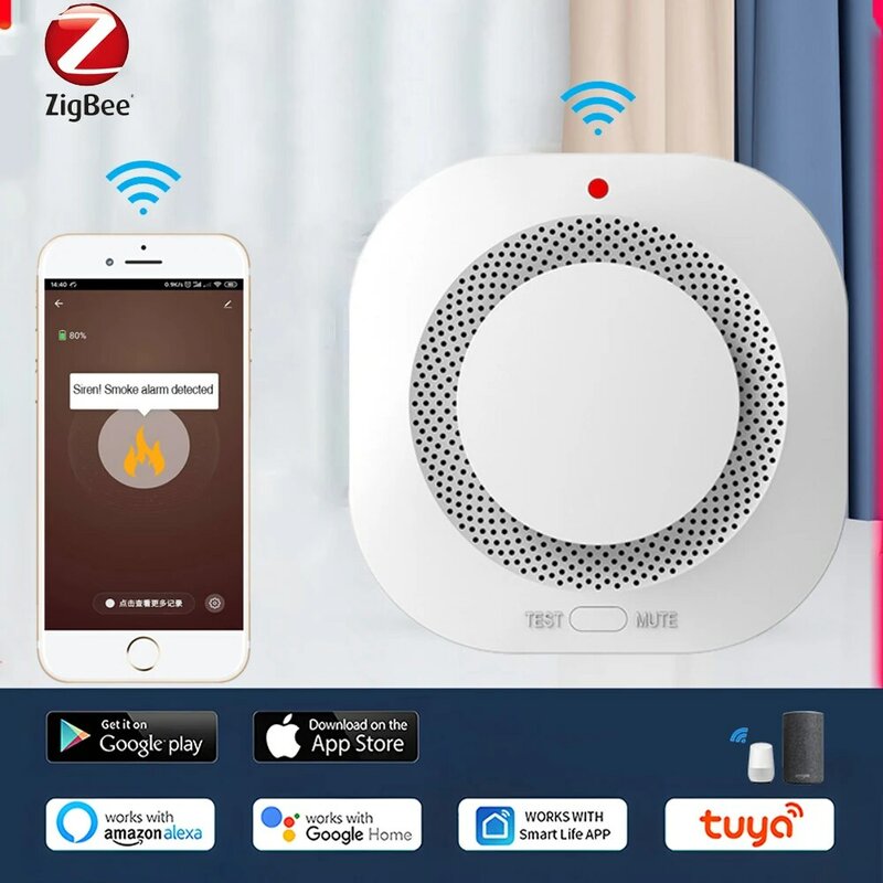 Tuya-Zigbee Smoke Detector, Smart Fire Protection, Home Smoke Sensor, Sound Light Alarm, Trabalhar com Tuya Zigbee Hub APP Controle