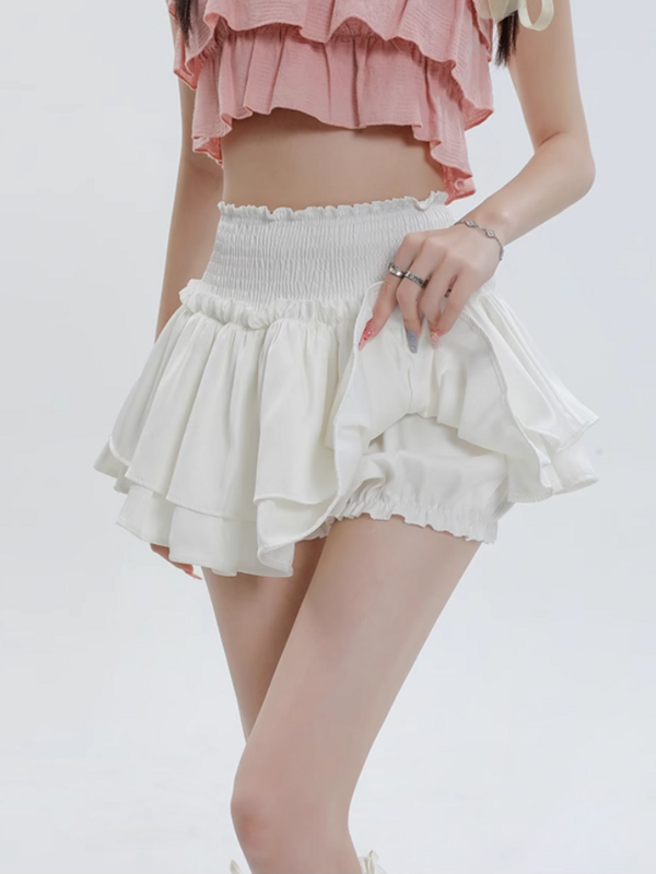 Kawaii Minirock Shorts Frauen niedlich sexy Ballet core weiß elastisch hohe Taille Rüschen Patchwork Lolita Rock koreanischen Skort