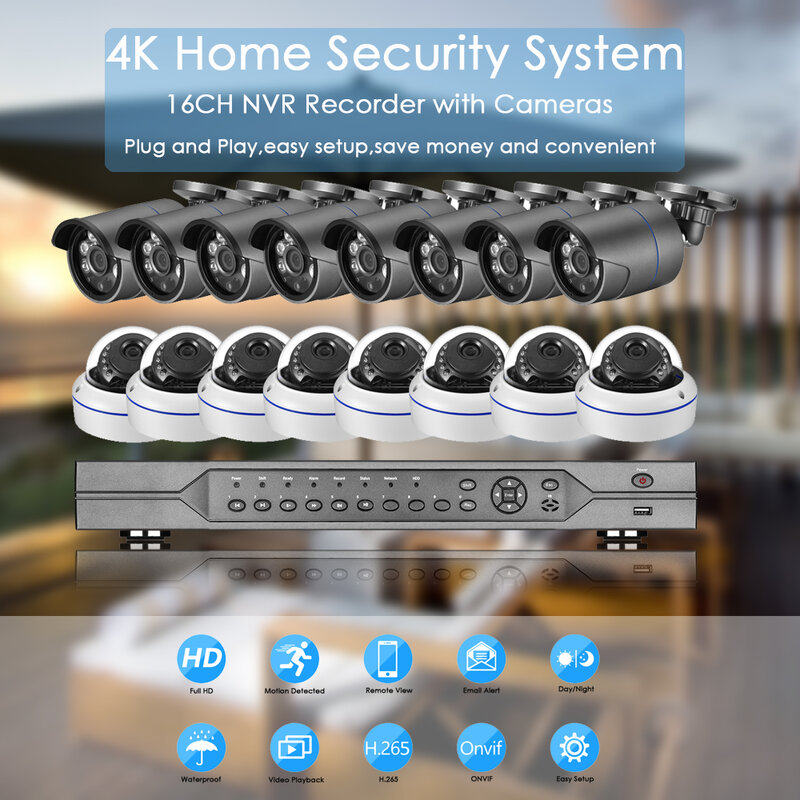 AZISHN-sistema de cámaras CCTV Ultra 4K POE, Kit de videovigilancia NVR de 16 canales, 8MP, cámara IP de seguridad, impermeable, P2P, H.265, para exteriores
