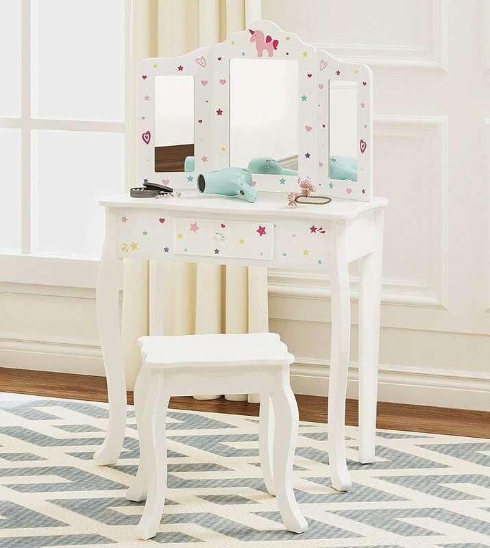 Pretend Play Kids Vanity Table and Chair Vanity Set with Mirror Makeup Dressing Table with Drawer, Play Vanity Set