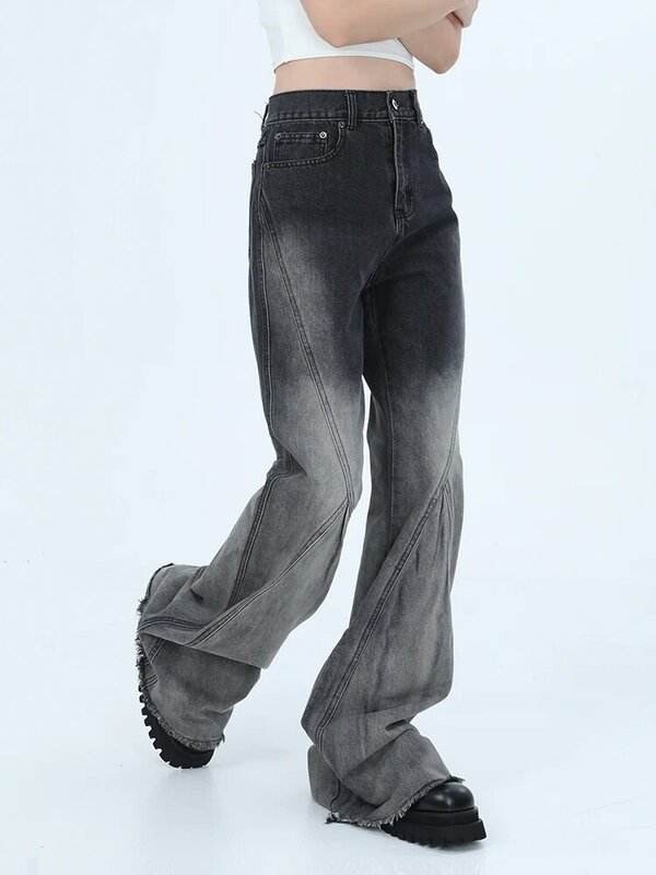 กางเกงยีนส์ฟอกสีเทาผู้หญิงวินเทจกางเกงยีนส์บานเอวสูงอเมริกาแบบย้อนยุคไล่ระดับสี