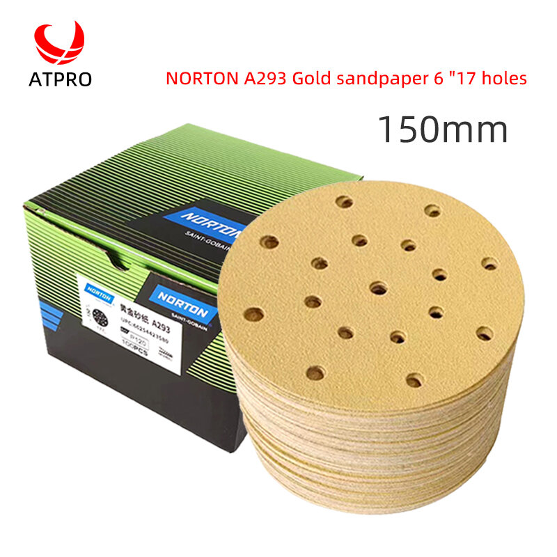 NORTON A293 Gold Sandpaper 6-inch 17-Hole Dry Sandpaper 150mm Flocking Round Car Putty Wood Sanding Chip Sandpaper 80-500grit