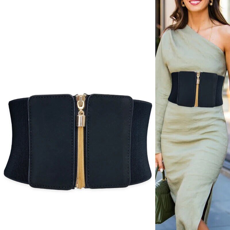 Cinturón de corsé elástico para mujer, faja ancha de diseñador de cintura, alta calidad, color negro, talla grande