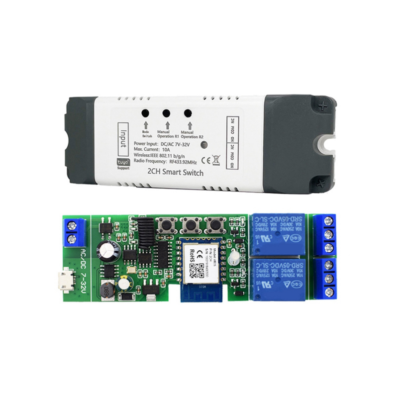 Módulo de relé de interruptor WiFi inteligente Tuya, 2 canales, CA/CC, 7-32V, RF/aplicación, Control remoto inalámbrico, hogar inteligente para Alexa y Google Home
