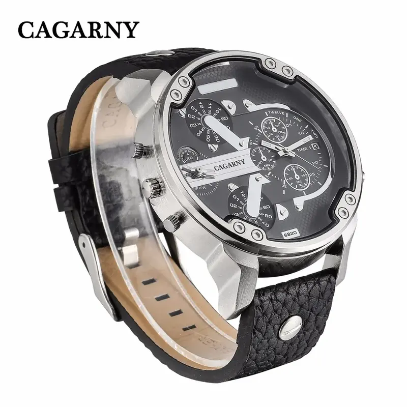 Cagarny Mens Watches Dual Display Black Leather Quartz Wrist Watch Men Sport Male Clock Man Military Relogio Masculino 6820