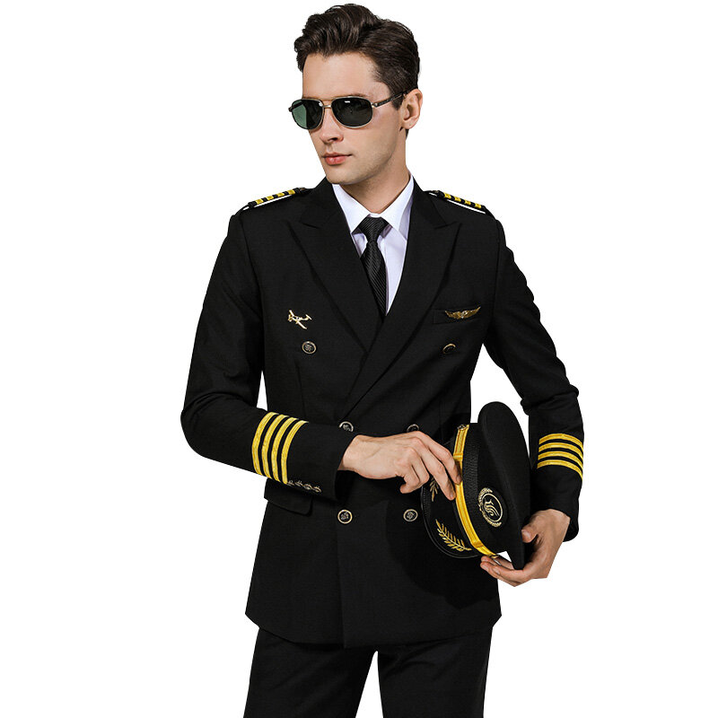Seragam Pilot penerbangan standar klasik, untuk pria, setelan seragam penerbangan