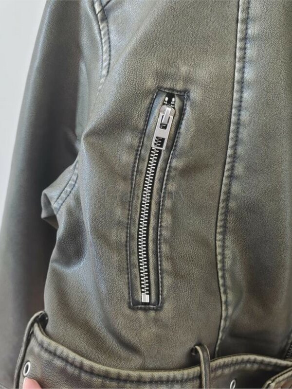 Jaqueta de couro falso para as mulheres, jaqueta curta vintage com lapela e cinto com zíper, streetwear moda, nova primavera