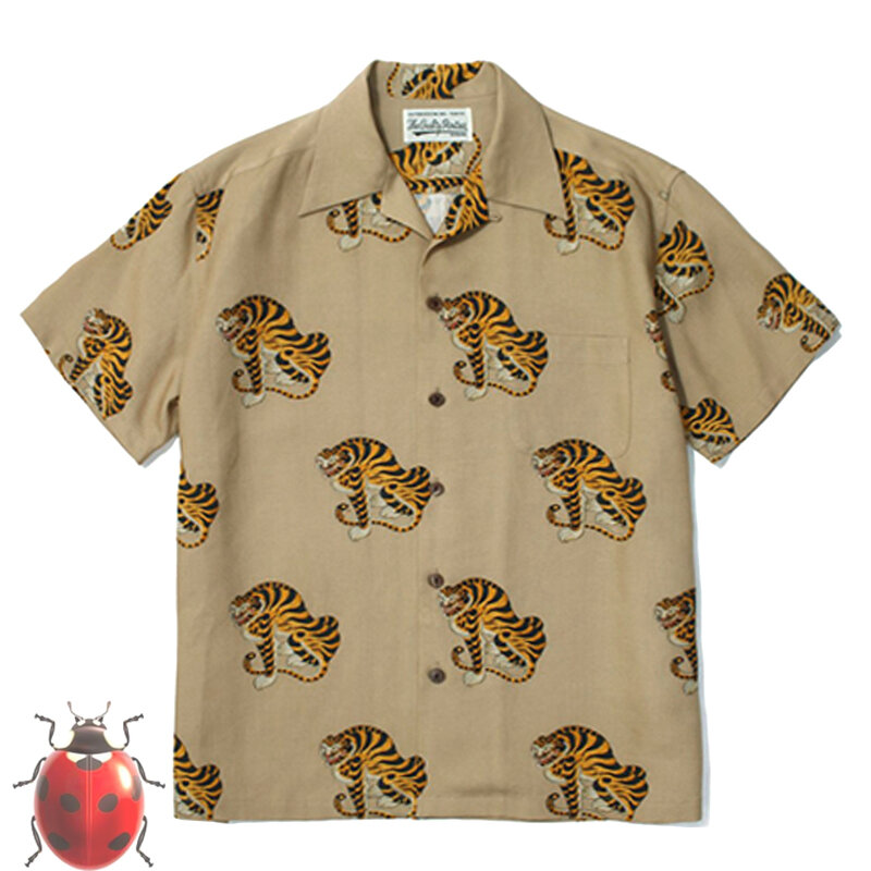 Camisa estampada tigre de cintura arqueada masculina e feminina, preta, streetwear cáqui, manga curta casual, alta qualidade, Havaí, Y2k, 2024