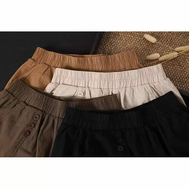 กางเกงผ้าลินินขาสั้นสำหรับผู้หญิง, กางเกงทรงหลวมและอเนกประสงค์กางเกงกางเกงขาม้าเอวสูงกระชับสัดส่วนสีพื้นสำหรับฤดูร้อน K959