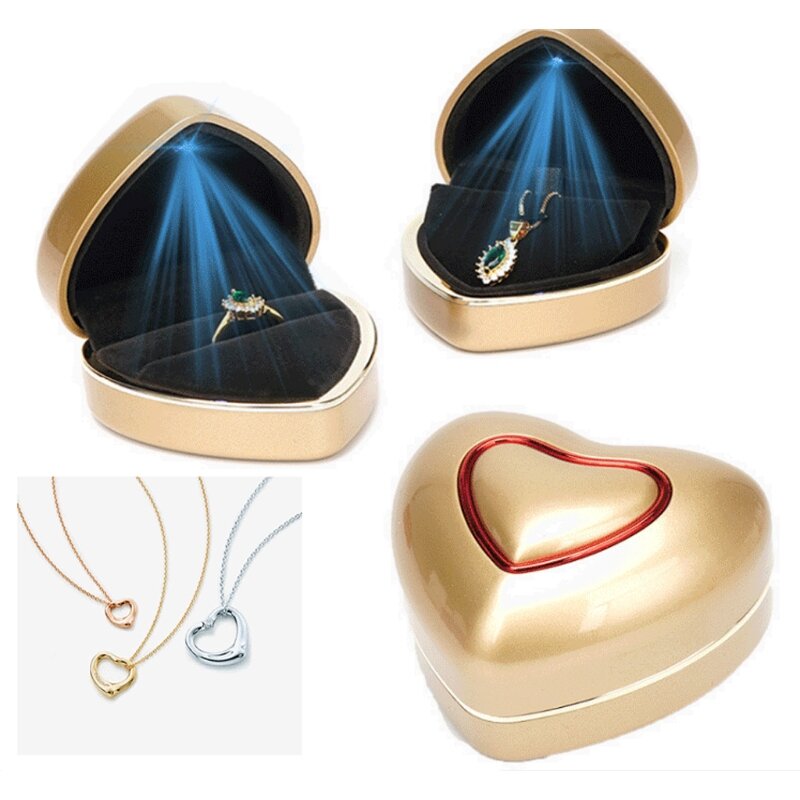 Caja de anillo de boda con luz LED en forma de corazón, anillos de compromiso, collar, estuche de joyería