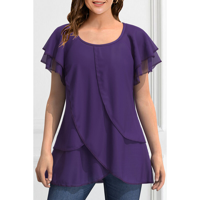 Женская Повседневная темно-фиолетовая шифоновая блузка с оборками на рукавах и асимметричным подолом