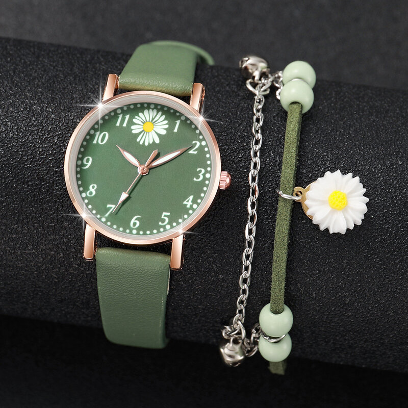 Reloj y pulsera de cuarzo con correa de cuero para mujer y niña, conjunto de 2 piezas