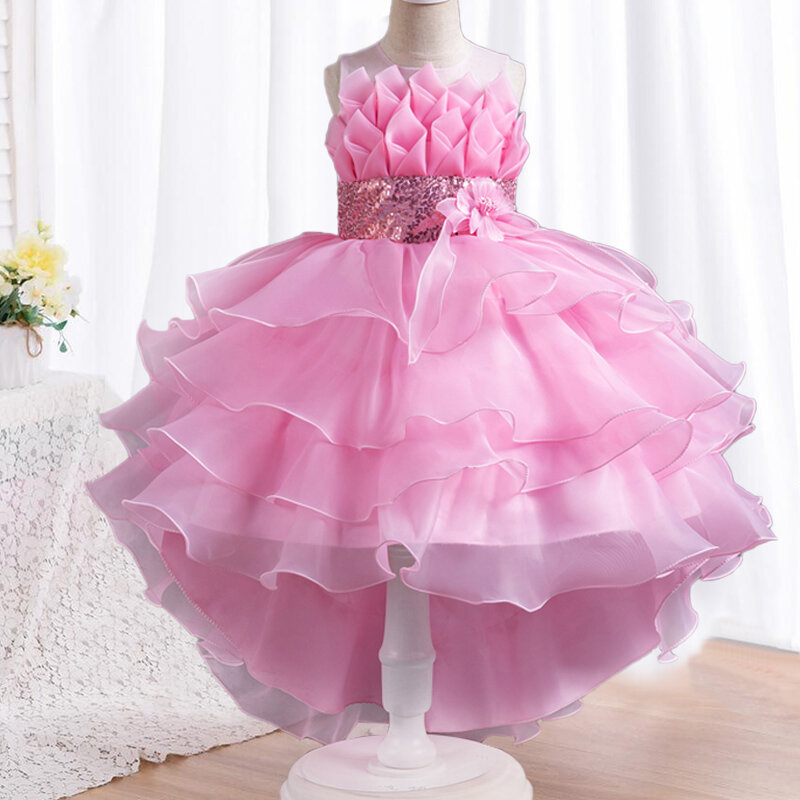 Vestido de pastel de organza para niña, vestido de noche elegante de cola de flores para niña, vestido de fiesta de cumpleaños con lazo, 4-12 años