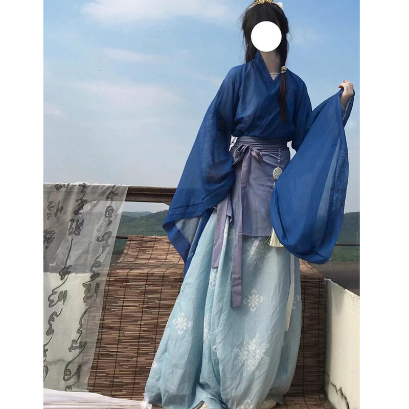 女性のための青いドレスのセット,改善された衣装,ニットの花柄のスカート,新しい中国風のドレス,漢服のコスプレコスチューム,4個