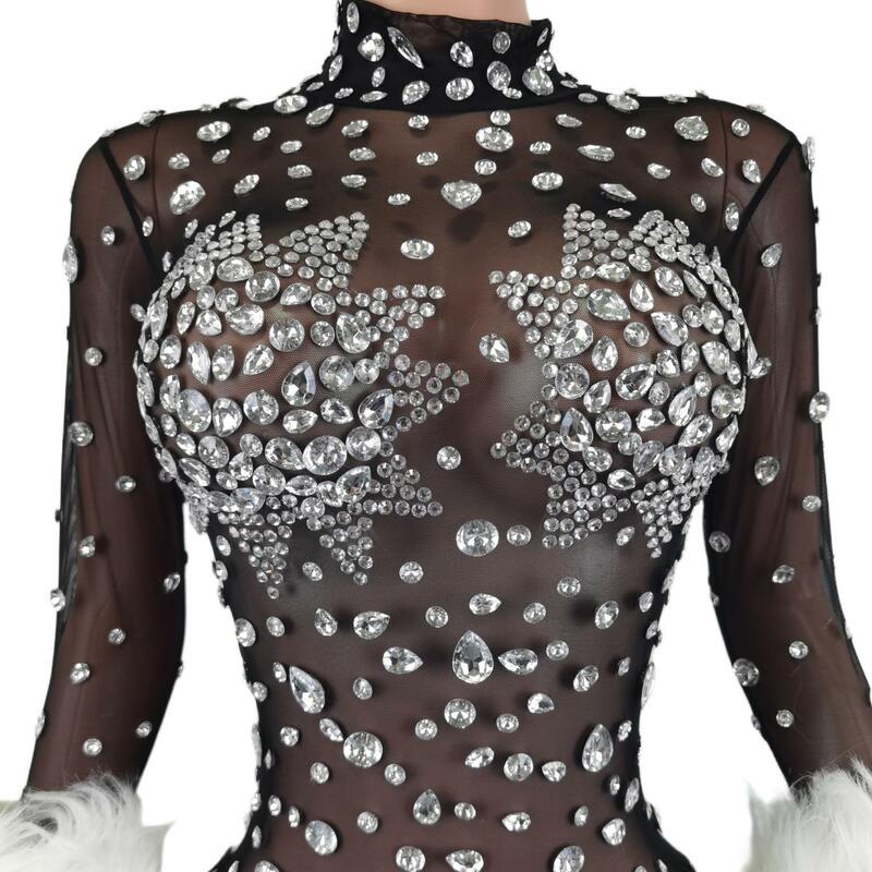 Singer Rhinestones Hairy Jumpsuit Women Nightclub Bar Gogo Dance Clothing Black Stretch Bodysuit Drag Queen Costume Guibin
