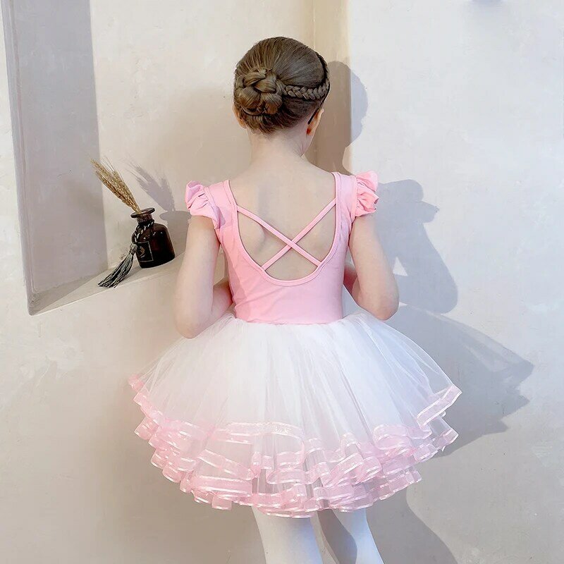 Leotardos de Ballet para niña, traje de bailarina de 4 capas, manga corta con volantes, traje de gimnasia rítmica, vestido de Patinaje