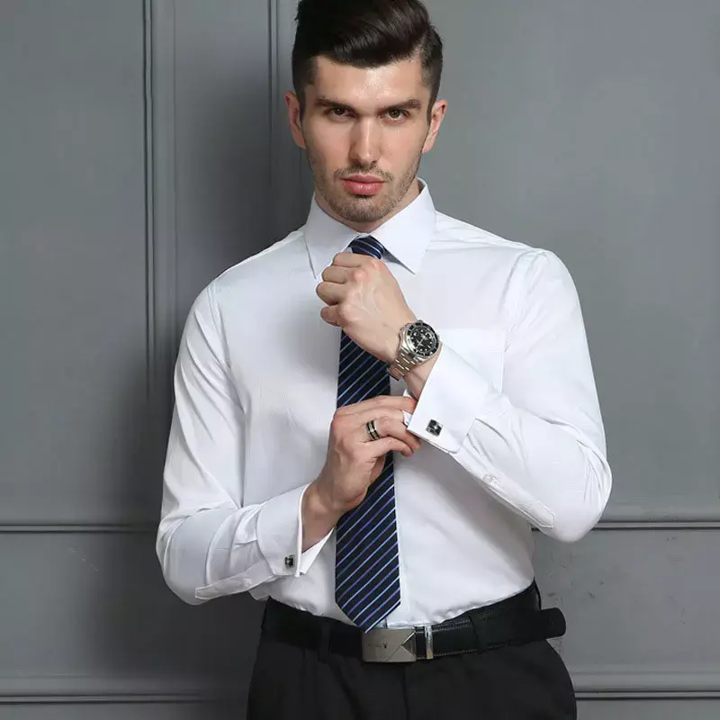 Long Sleeve Plus Size 6XL Men's Dress Shirts Social Business Luxury Wedding Fashion Stripe French Cufflinks Formal Shirt For Men