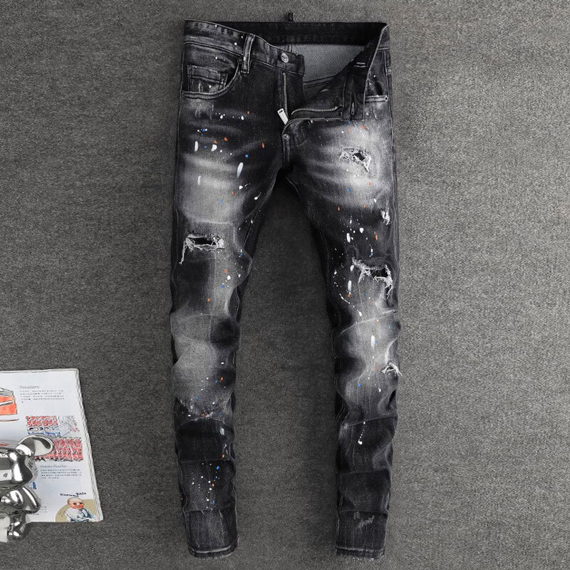 Modne dżinsy męskie Streetwear wysokiej jakości Retro czarny szary rozciągliwe dopasowanie dopasowany do malowanego projektanta porwane jeansy mężczyzn markowe spodnie Hombre