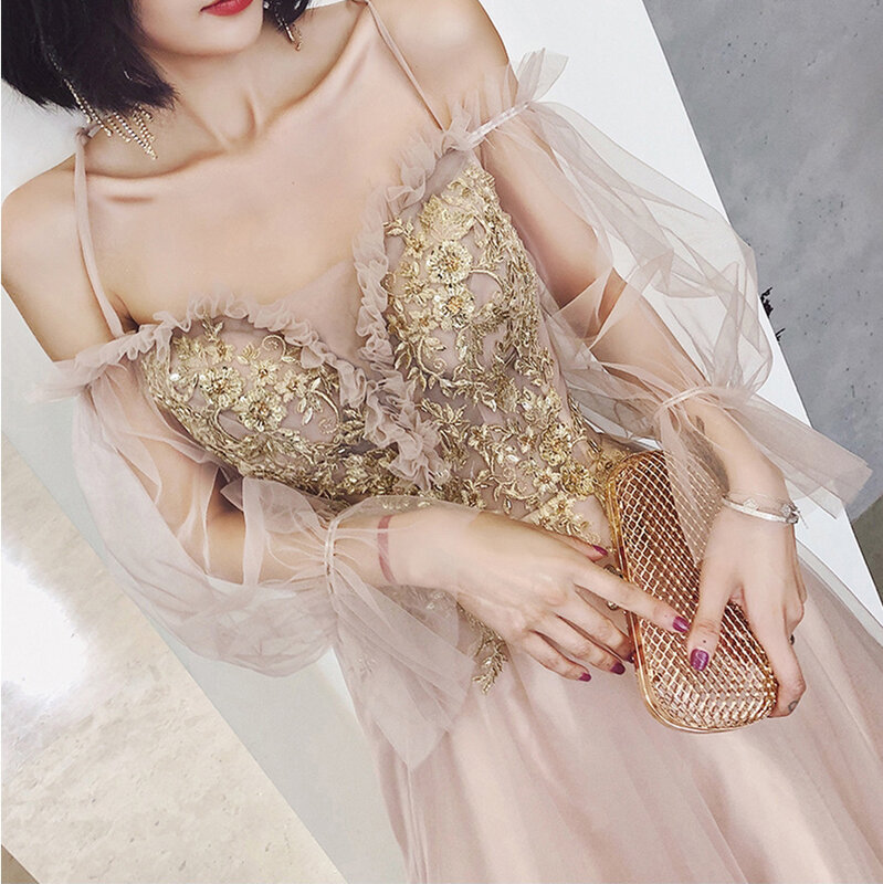 Women Spaghetti Strap Backless Evening Dresses Sequins A-Line Tulle Floor-Length Wedding Party Gown
