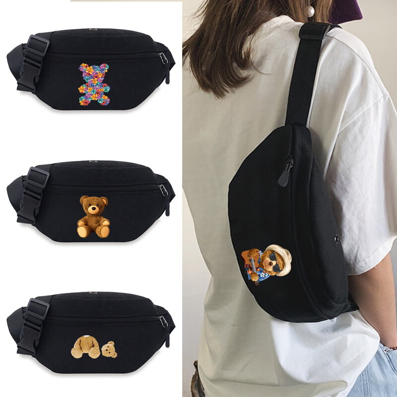 Outdoor Waist Packs Casual Men Shoulder Bags Running Belt Pouch Fanny Pack Mobile Phone Bag Bear Pattern Canvas Chest Bag